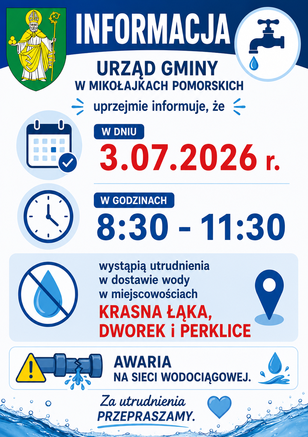 Utrudnienia w&nbsp;dostawie wody - plakat informacyjny