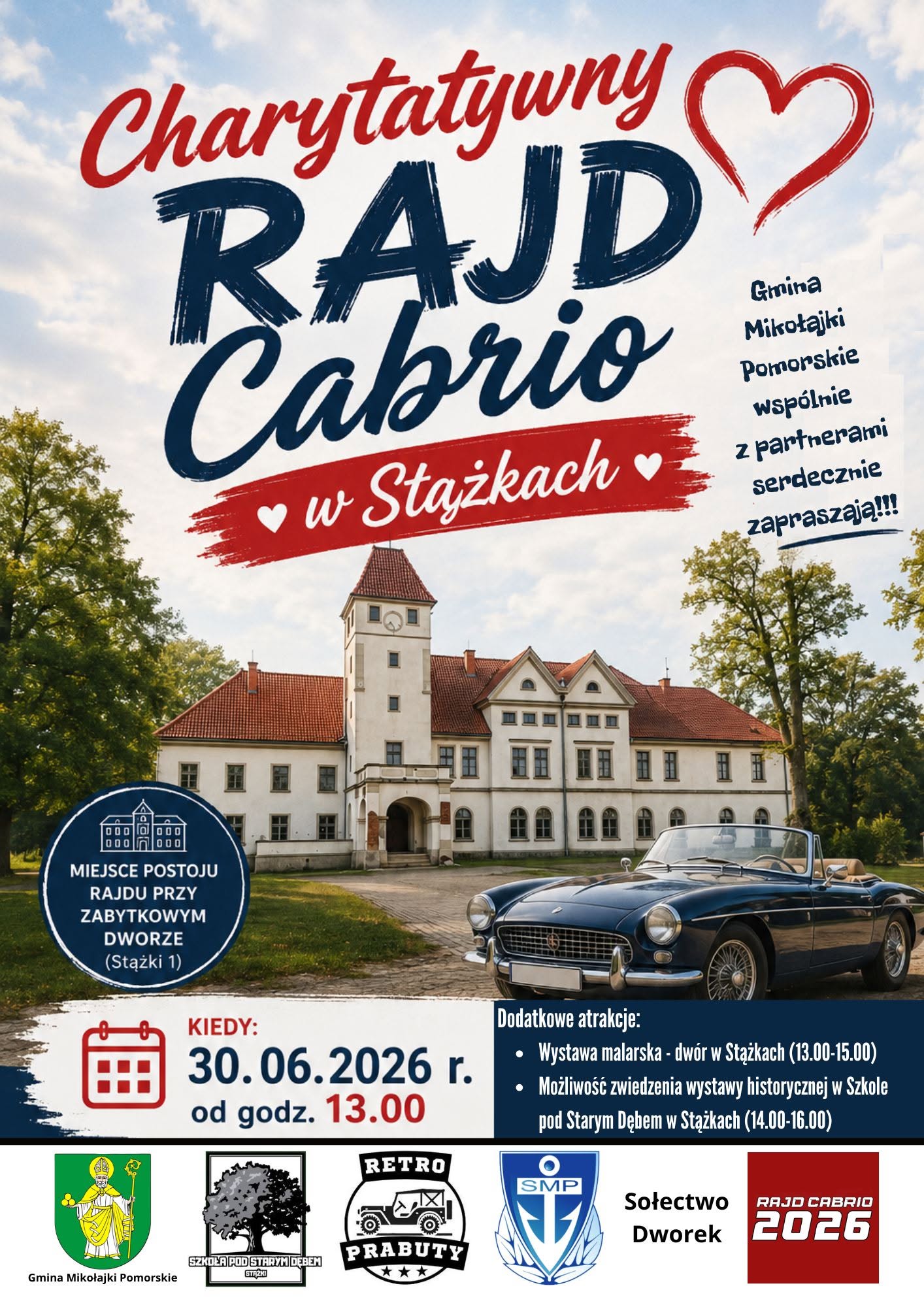 Plakat zapraszający na&nbsp;Charytatywny Rajd Cabrio w&nbsp;Stążkach 30 czerwca 2026 roku od godziny 13:00, z&nbsp;miejscem postoju przy zabytkowym dworze.