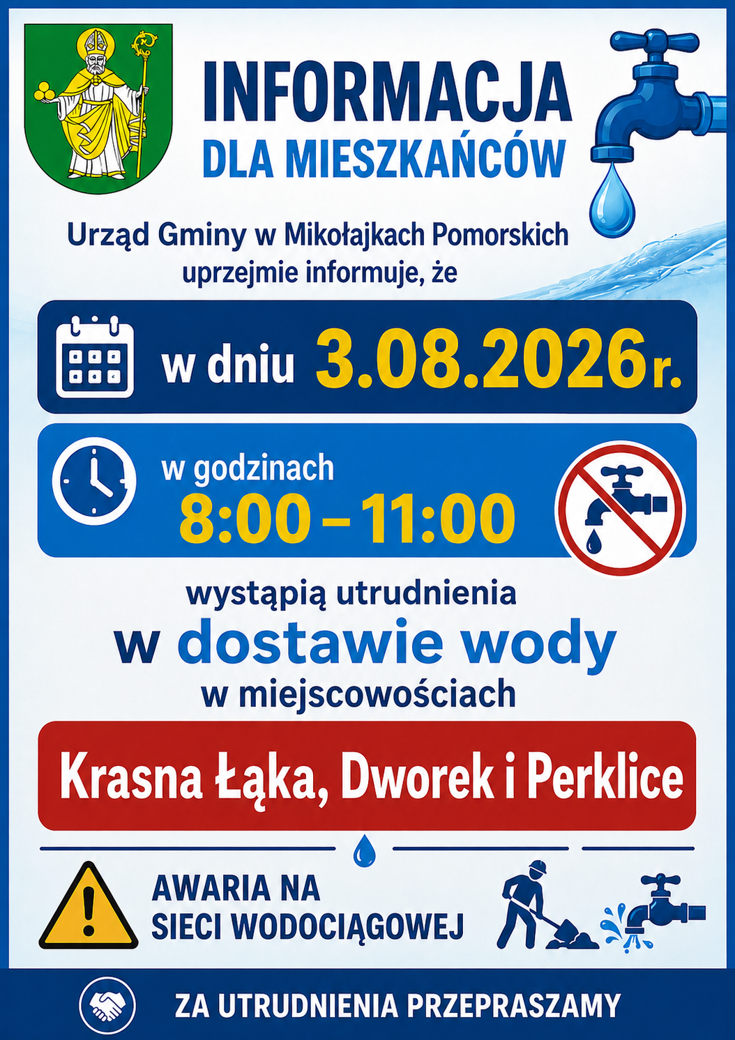 Utrudnienia w&nbsp;dostawie wody w&nbsp;miejscowościach Krasna Łąka, Dworek i&nbsp;Perklice. 