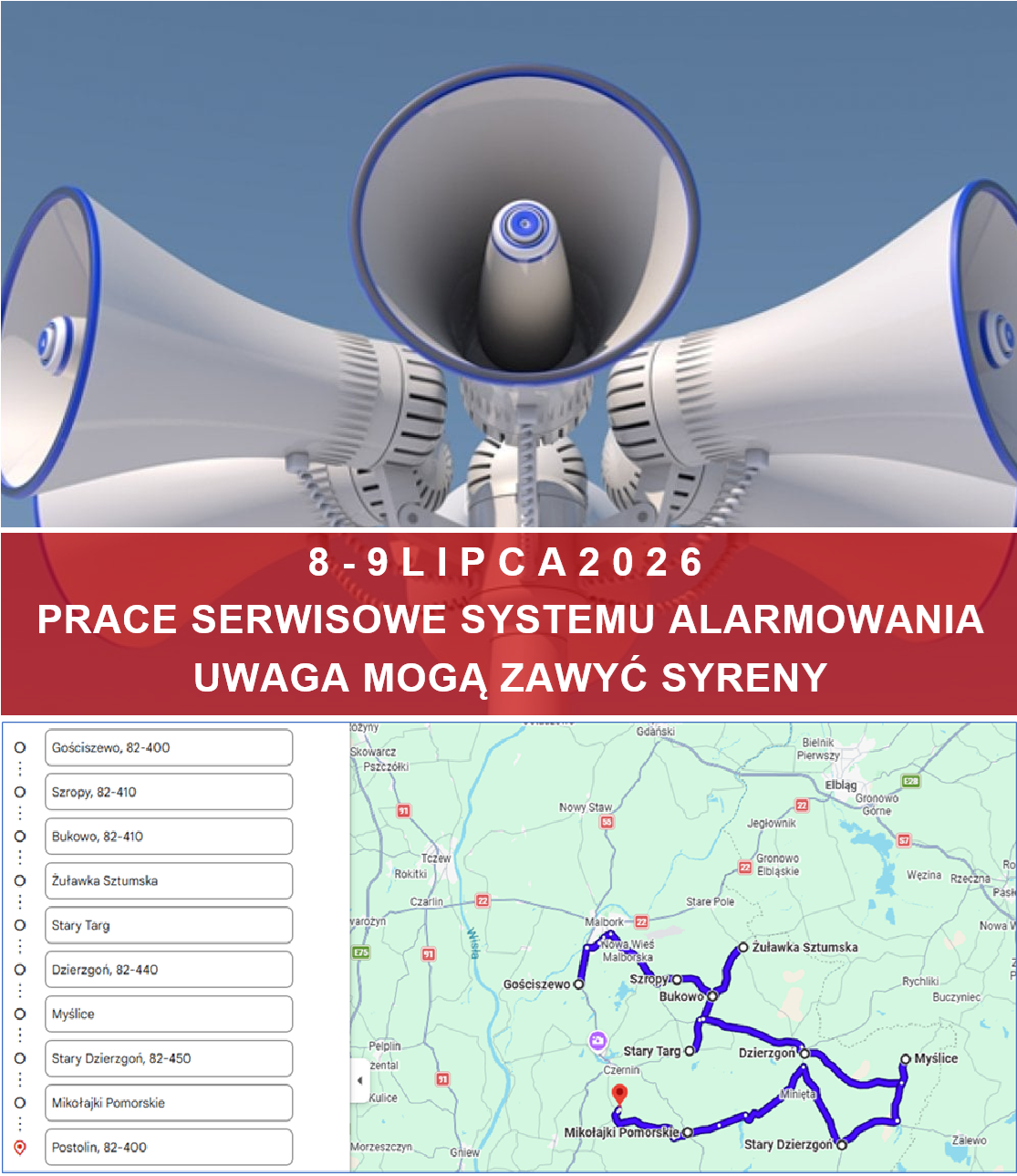 Prace serwisowe systemu alarmowania &ndash; możliwe uruchomienie syren