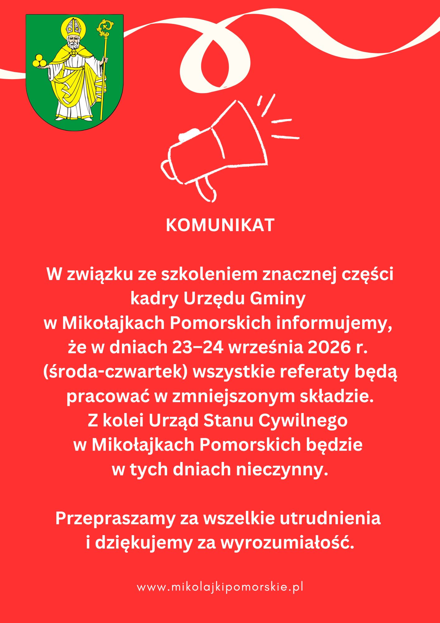 Komunikat dot. pracy Urzędu Gminy w&nbsp;Mikołajkach Pomorskich w&nbsp;dniach 23-24.09.2026 r.&nbsp;