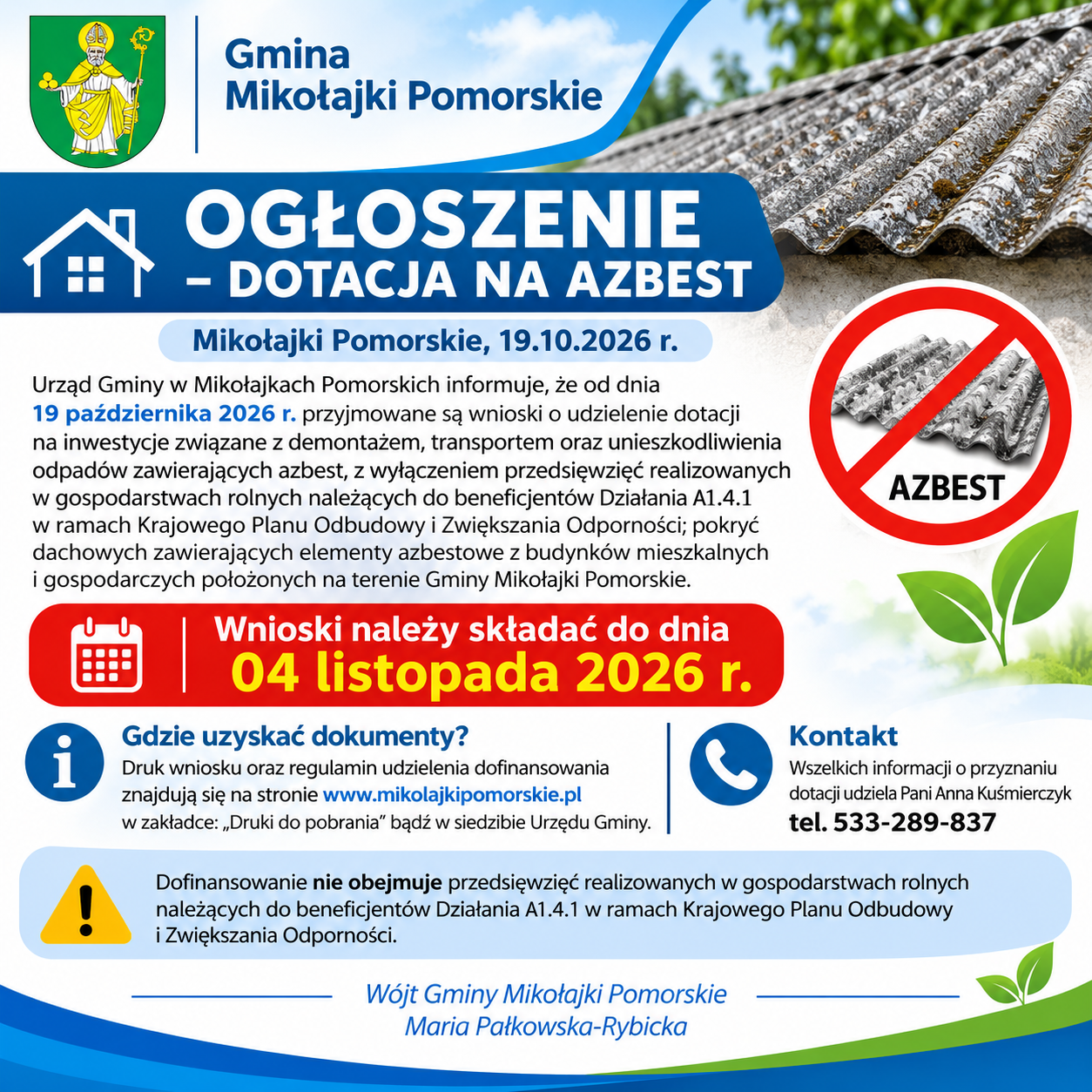 Ogłoszenie &ndash; dotacja na&nbsp;usuwanie azbestu