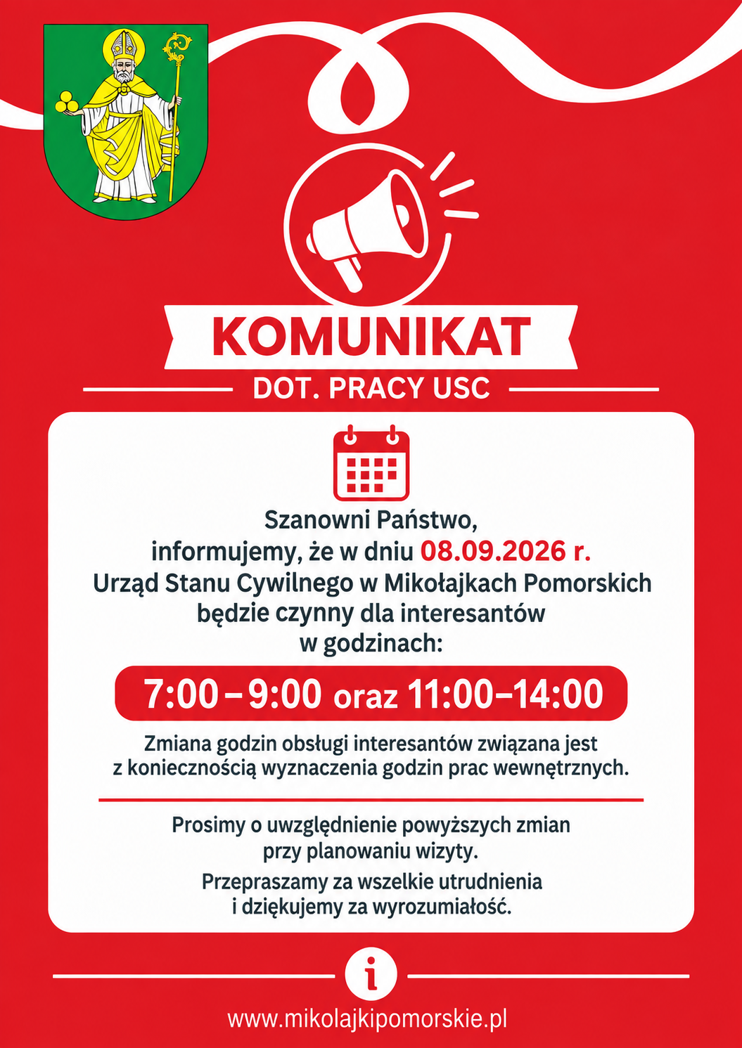 KOMUNIKAT DOTYCZĄCY PRACY URZĘDU STANU CYWILNEGO