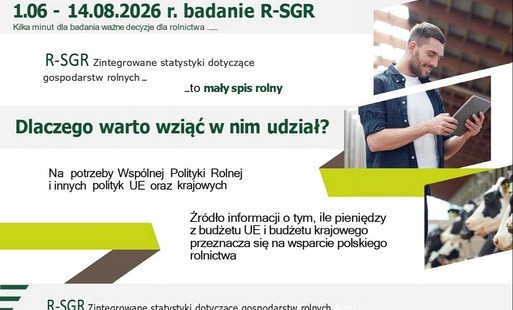 Plakat informujący o badaniu R-SGR, które trwa od 1 czerwca do 14 sierpnia 2026 roku i dotyczy gospodarstw rolnych