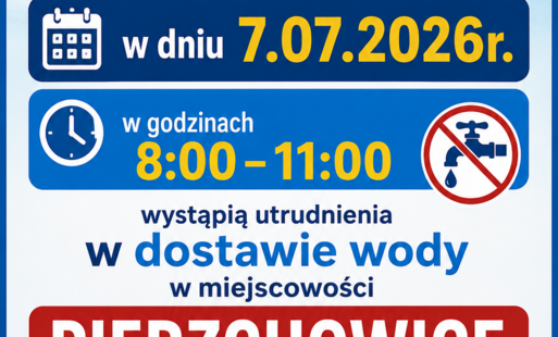 Plakat informujący o utrudnieniach w dostawie wody w miejscowości Pierzchowice w dniu 7 lipca 2026 r. w godzinach 8:00–11:00 z powodu awarii na sieci wodociągowe