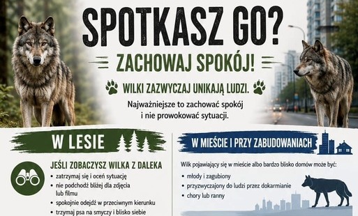 Ulotka informująca o zasadach postepowania w przypadku spotkania wilka.