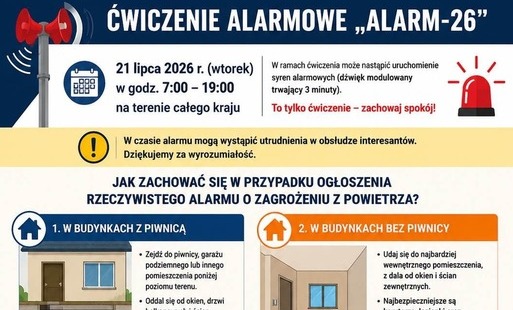 Komunikat dot. ćwiczeń z zakresu ostrzegania i alarmowania ludności o zagrożeniu uderzeniami z powietrza